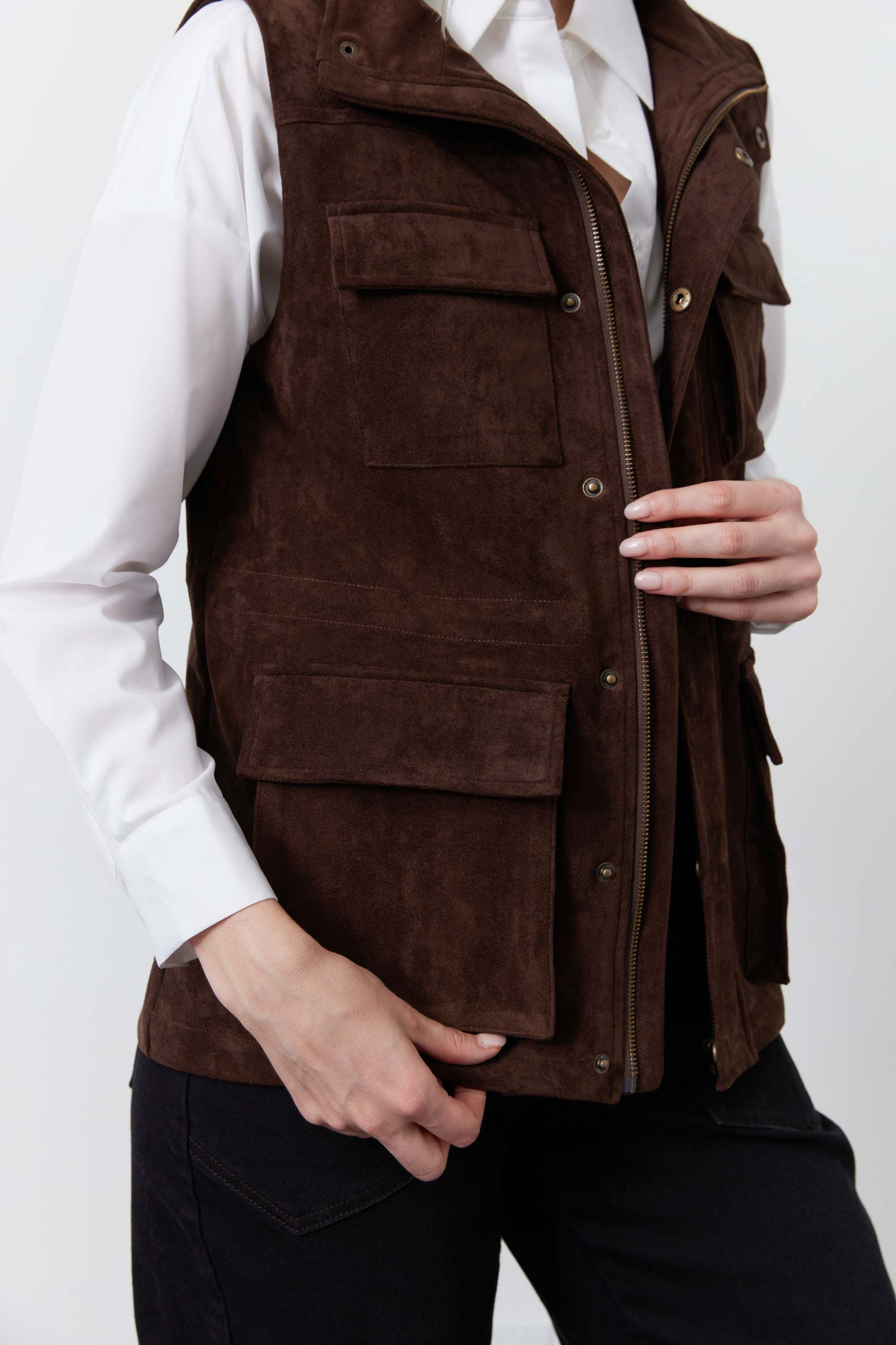 Longline Vegan Suede Cargo Vest in Cocoa