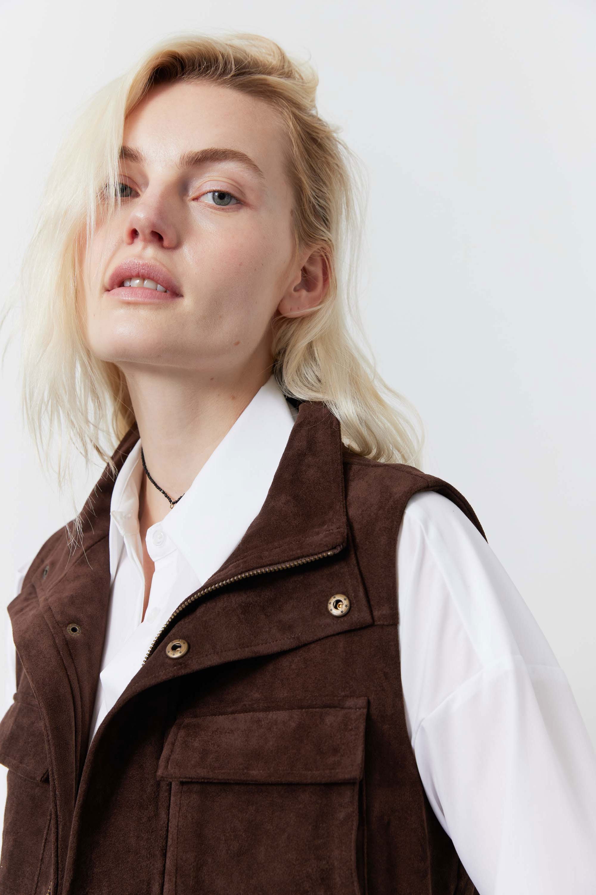 Longline Vegan Suede Cargo Vest in Cocoa