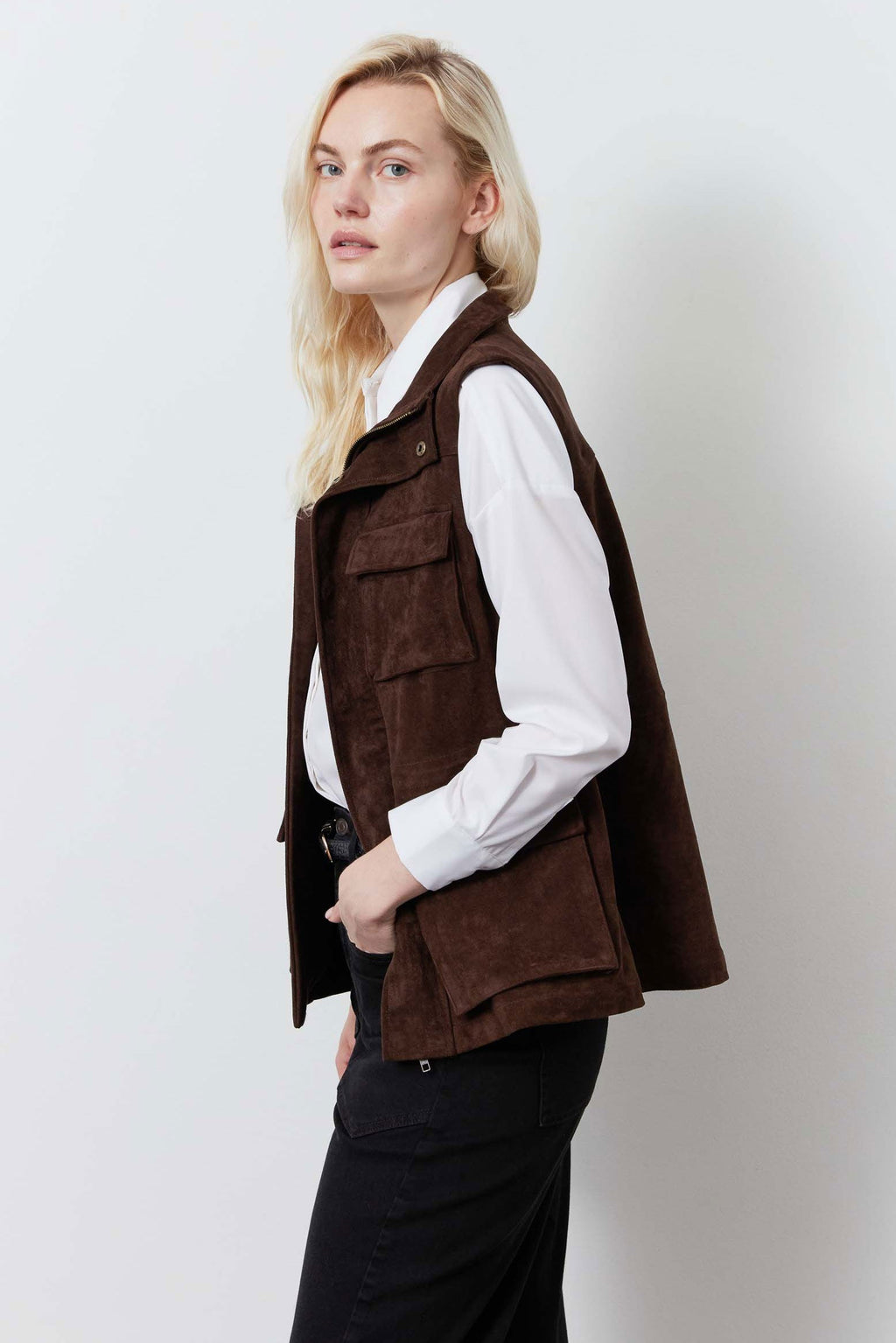 Longline Vegan Suede Cargo Vest in Cocoa