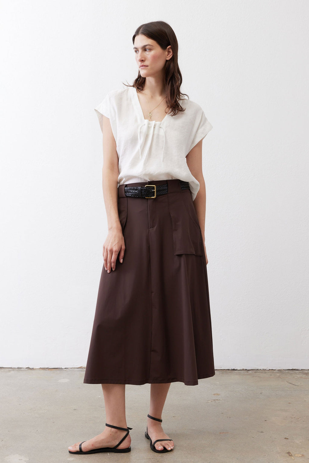 Drapey Button-Front Utility Skirt in Coffee