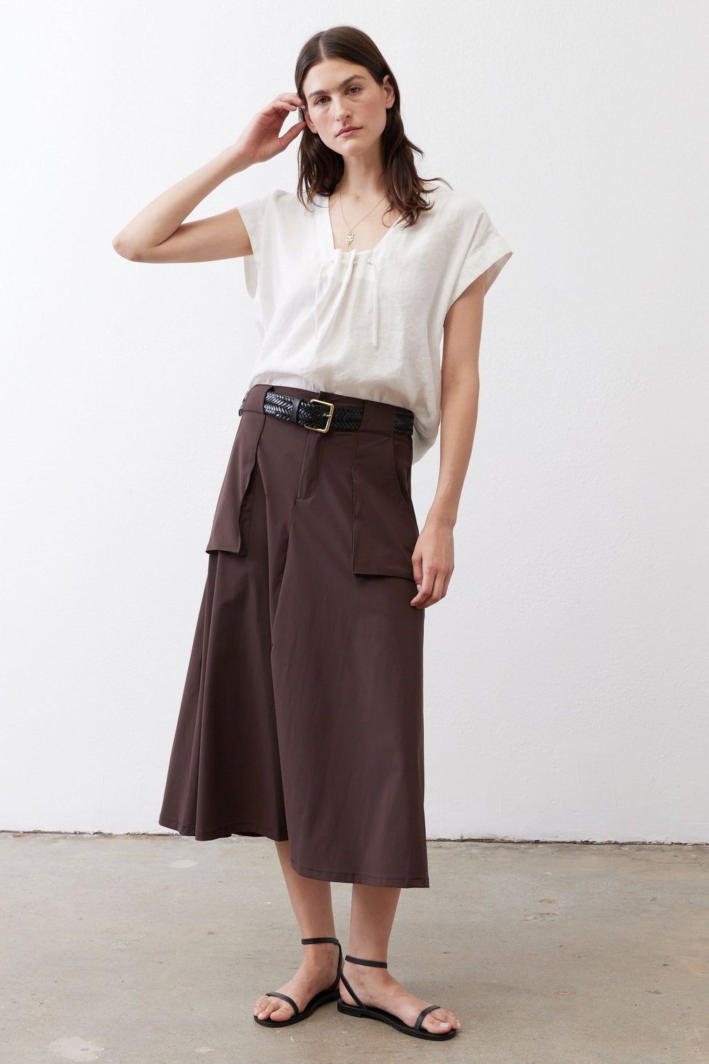 Drapey Button-Front Utility Skirt in Coffee