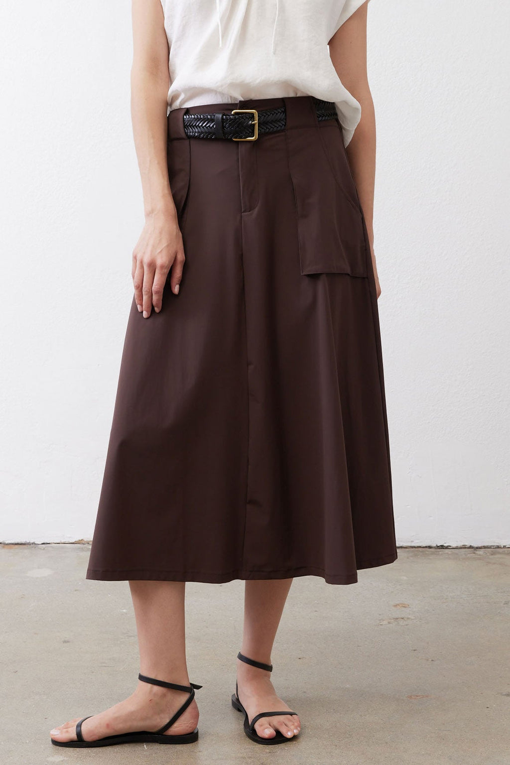 Drapey Button-Front Utility Skirt in Coffee