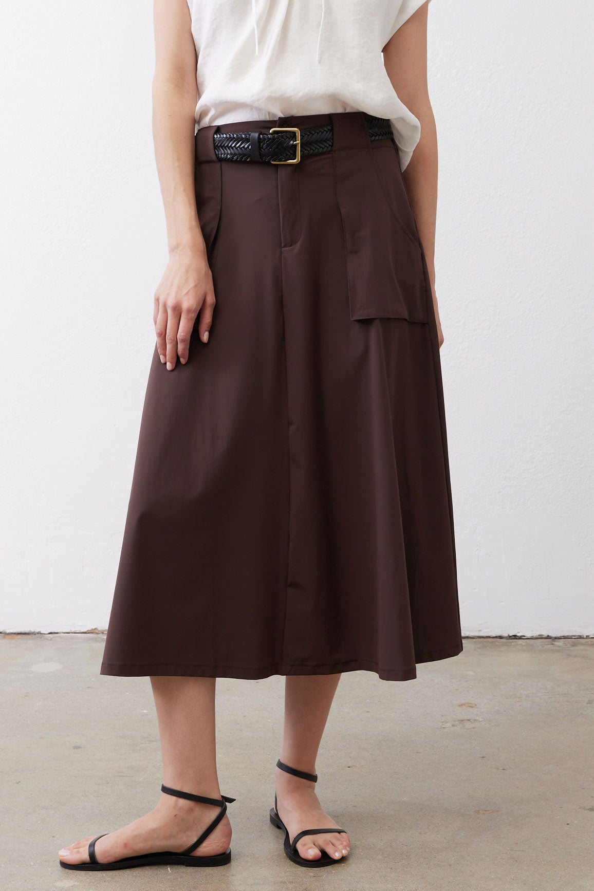 Drapey Button-Front Utility Skirt in Coffee
