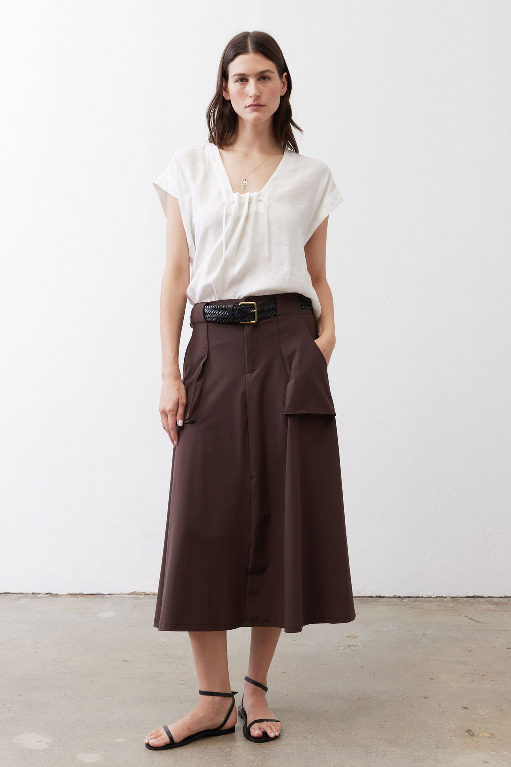 Drapey Button-Front Utility Skirt in Coffee