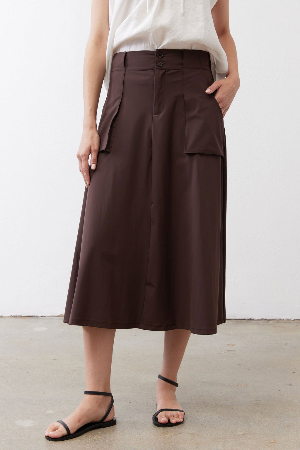Drapey Button-Front Utility Skirt in Coffee