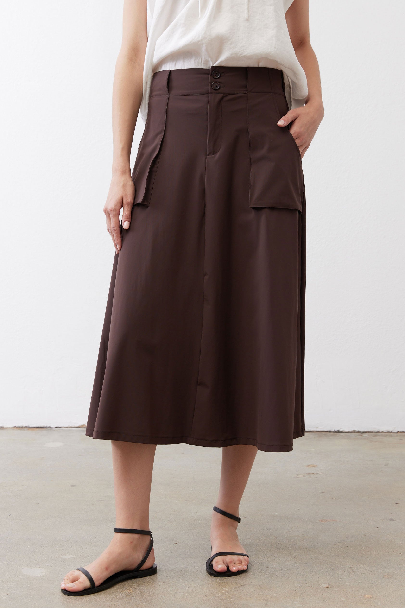 Drapey Button-Front Utility Skirt in Coffee