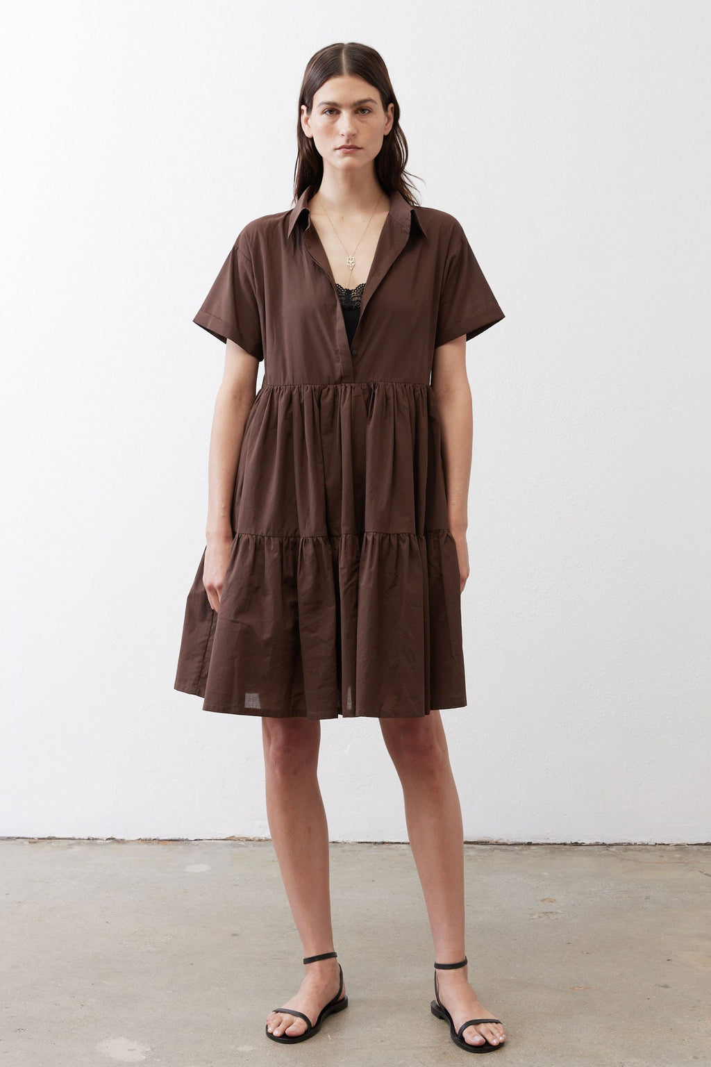Tiered A-Line Poplin Mini Dress in Milk Chocolate