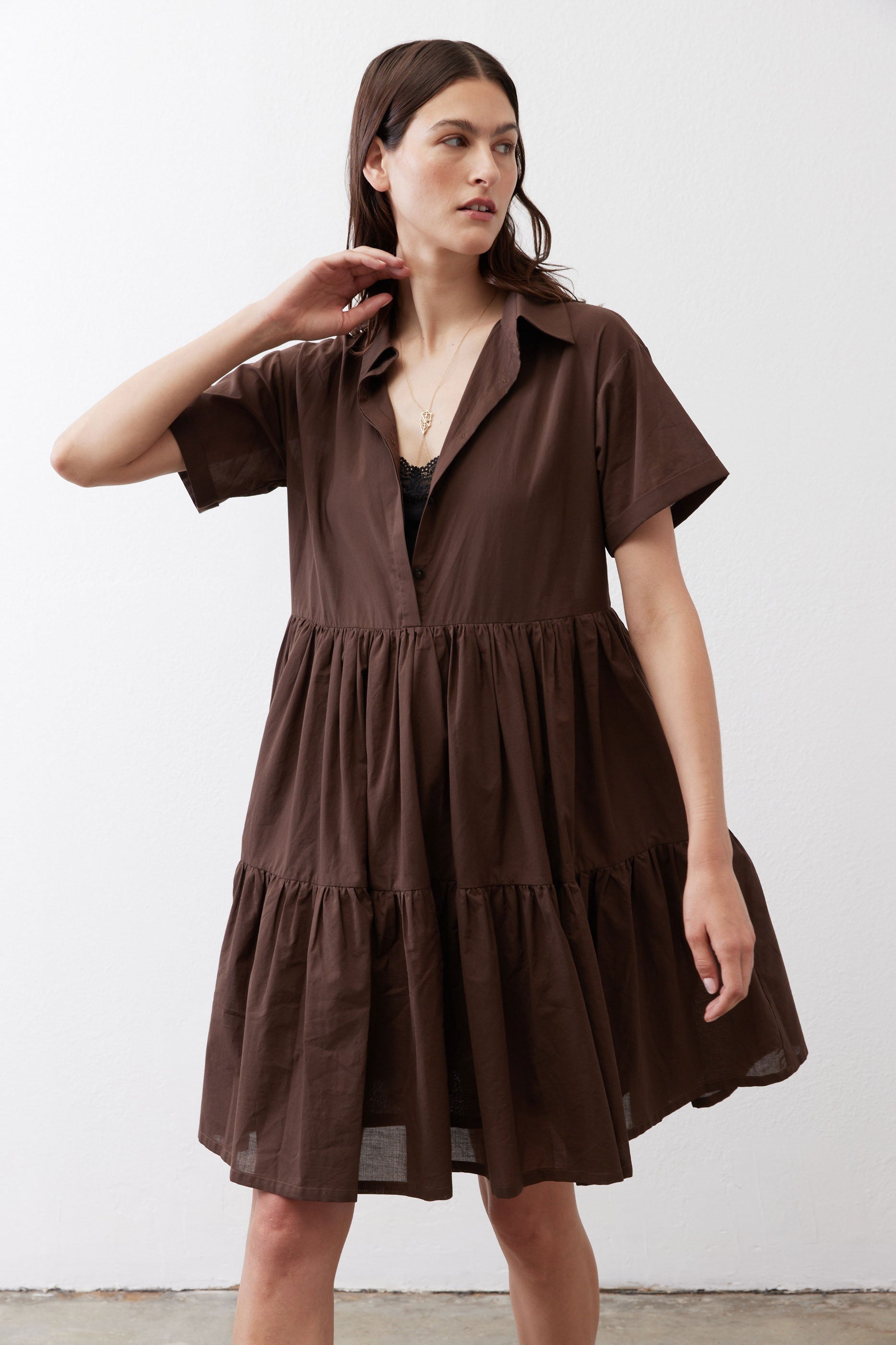 Tiered A-Line Poplin Mini Dress in Milk Chocolate