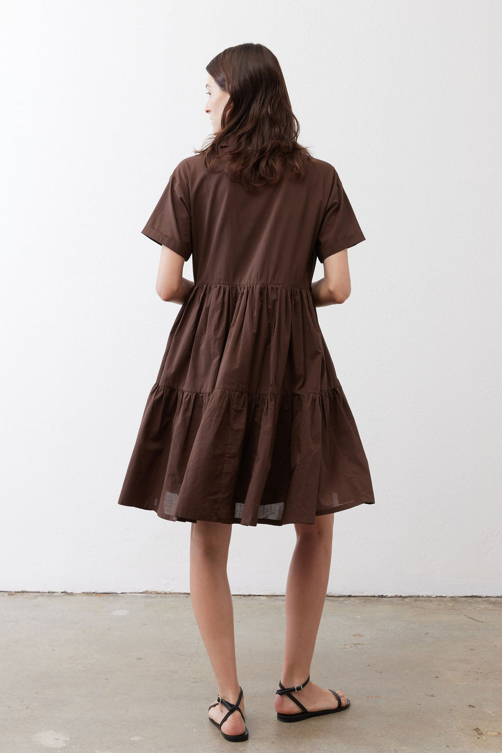 Tiered A-Line Poplin Mini Dress in Milk Chocolate