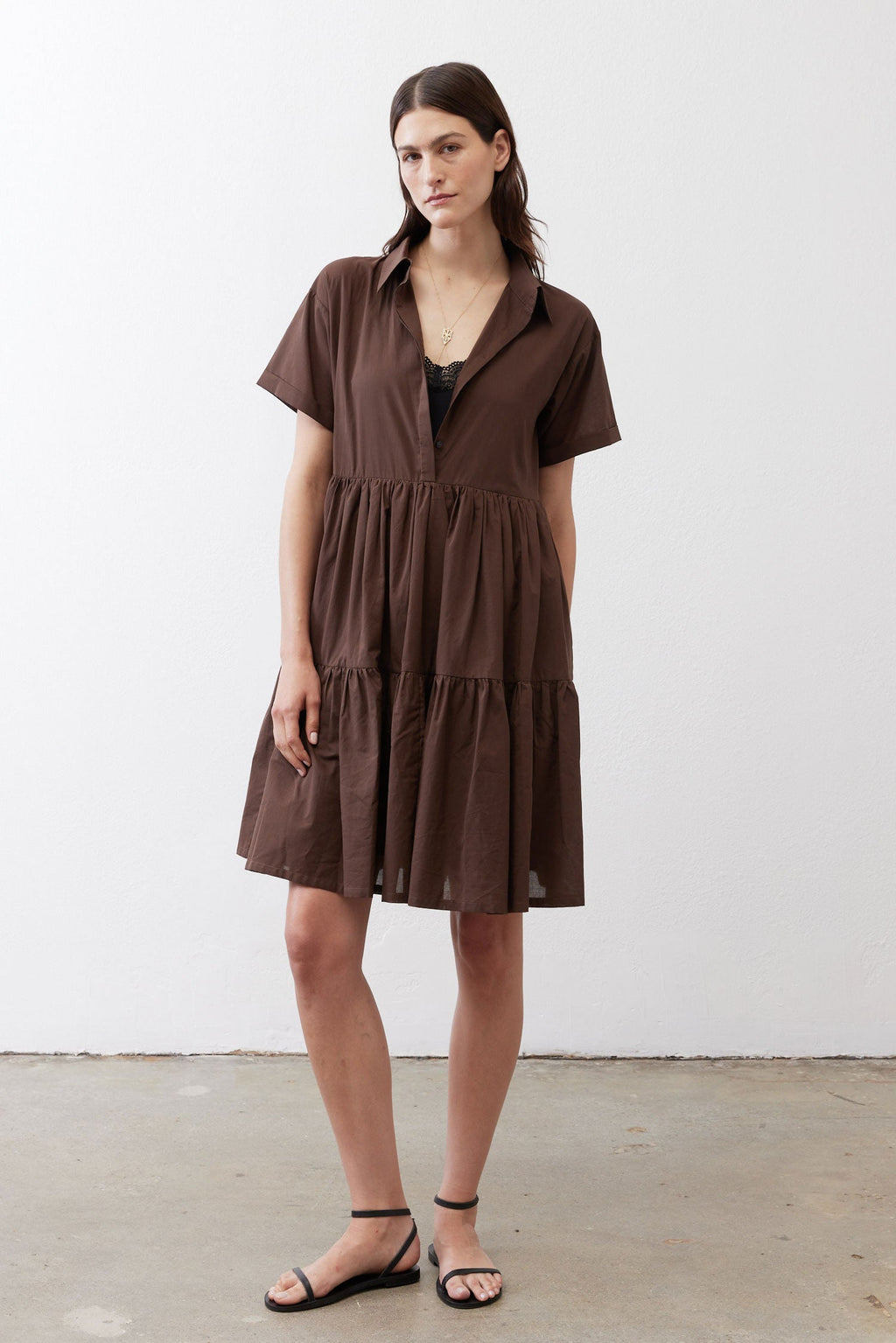 Tiered A-Line Poplin Mini Dress in Milk Chocolate