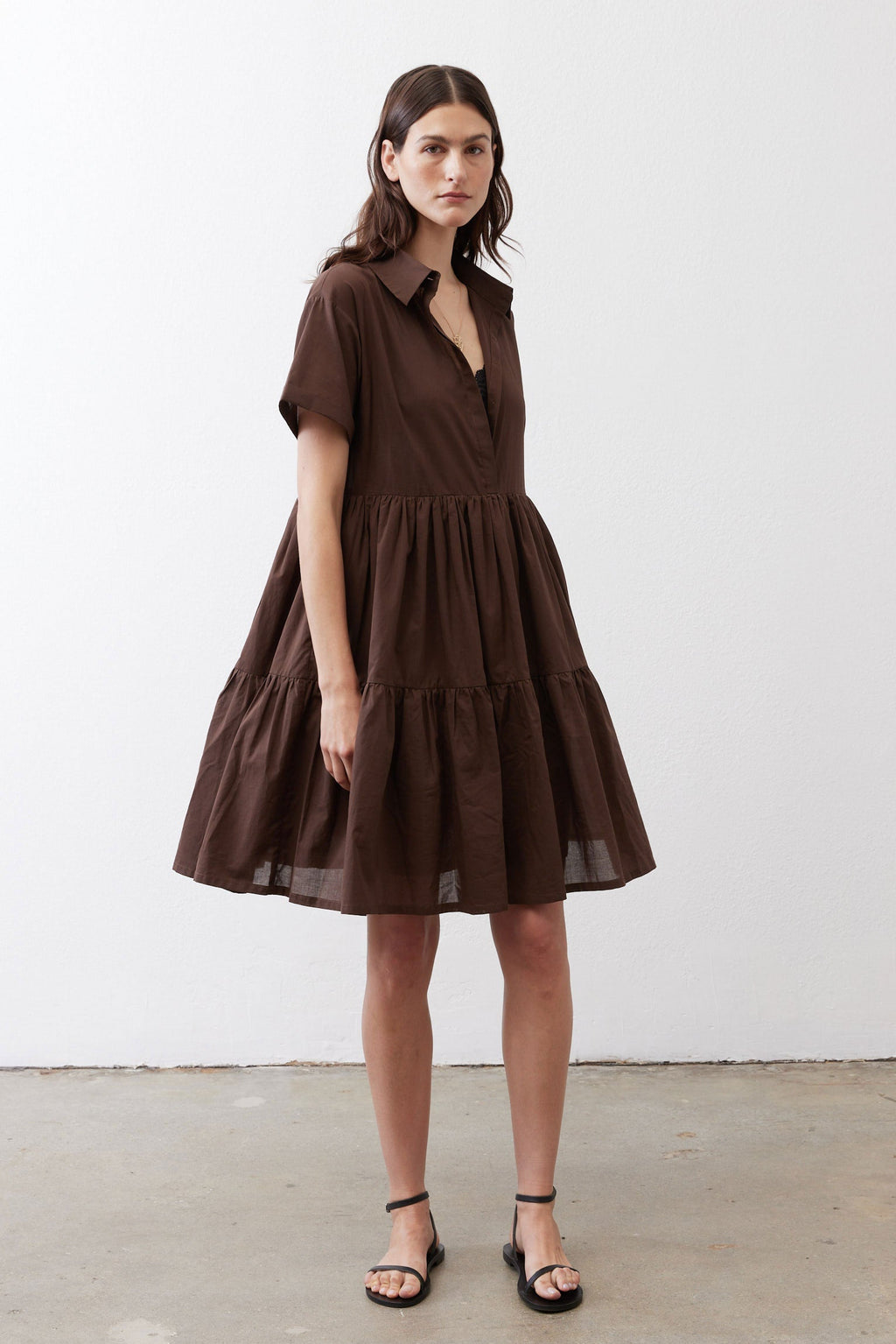 Tiered A-Line Poplin Mini Dress in Milk Chocolate