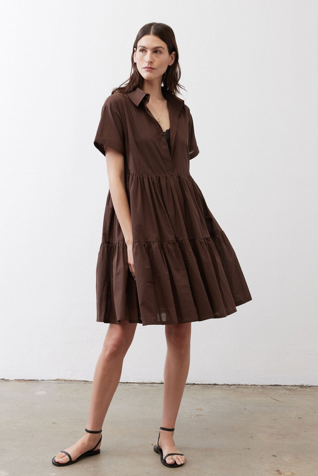 Tiered A-Line Poplin Mini Dress in Milk Chocolate