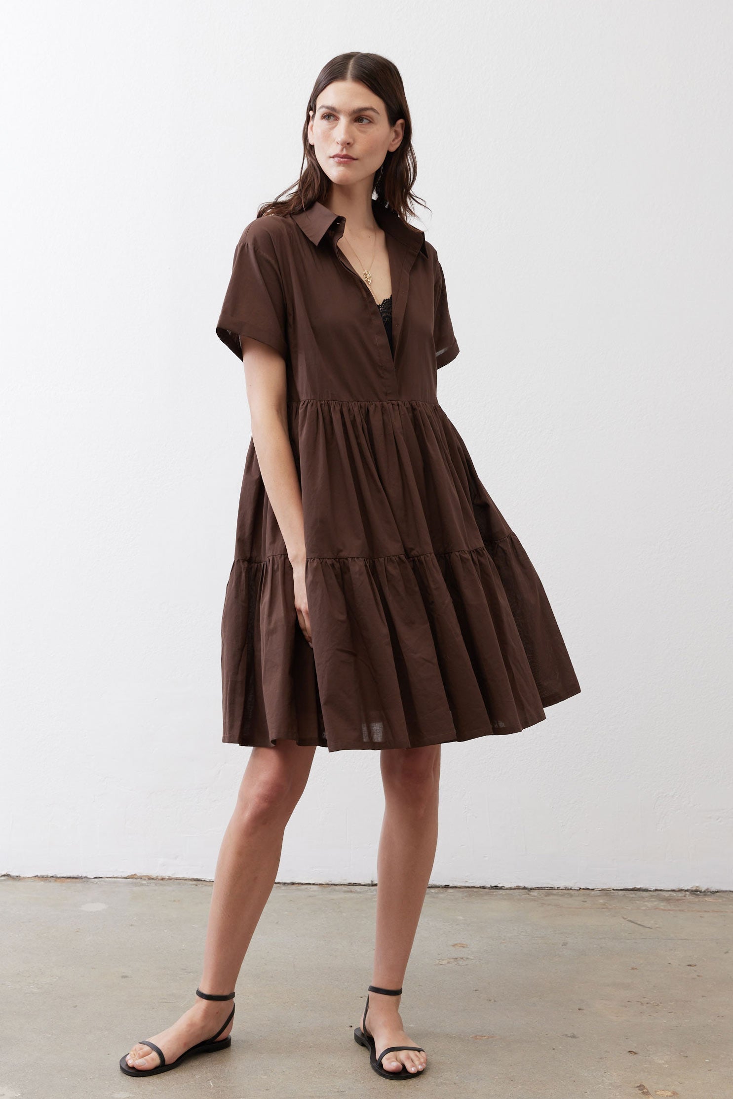 Tiered A-Line Poplin Mini Dress in Milk Chocolate