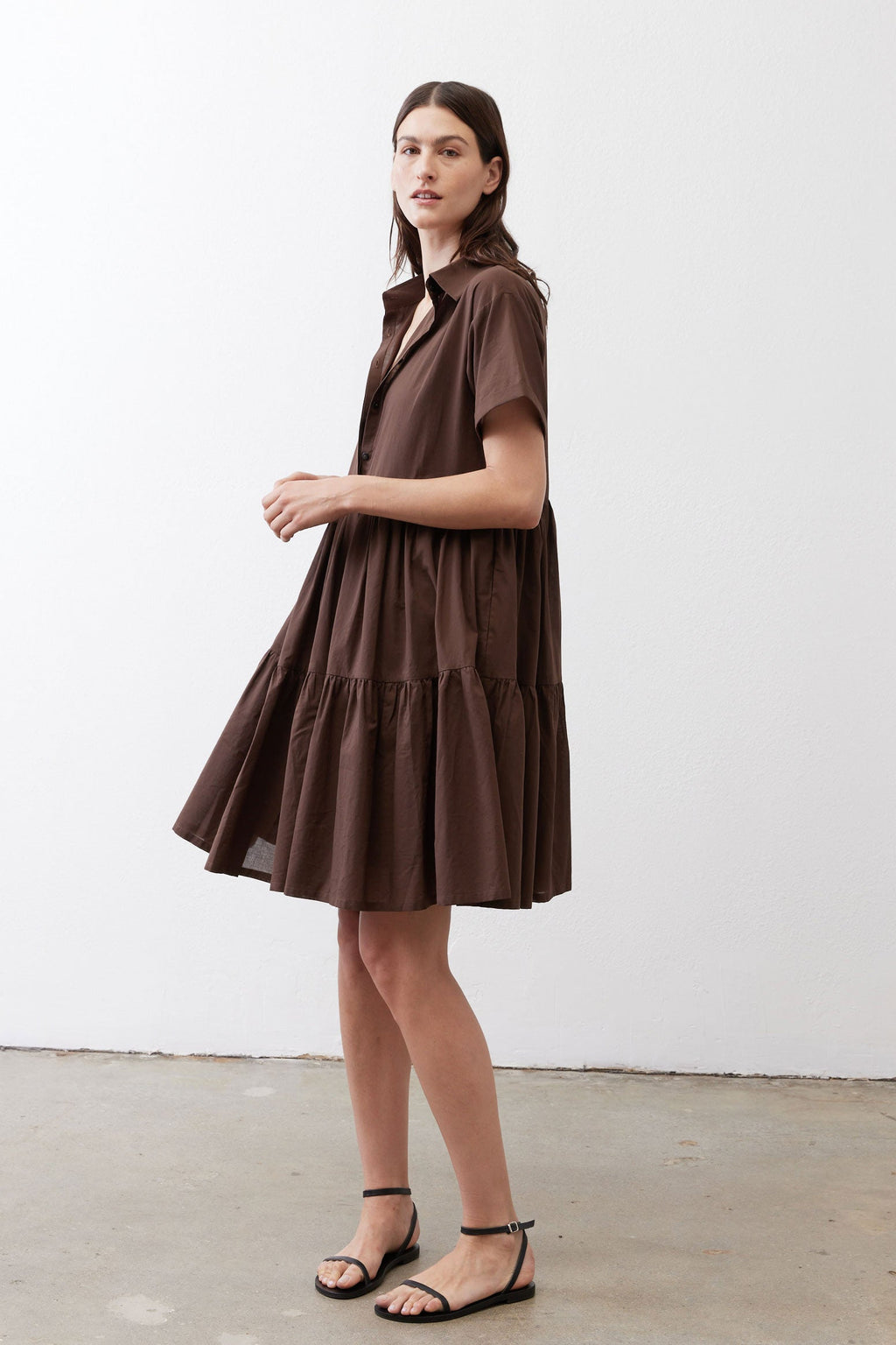 Tiered A-Line Poplin Mini Dress in Milk Chocolate