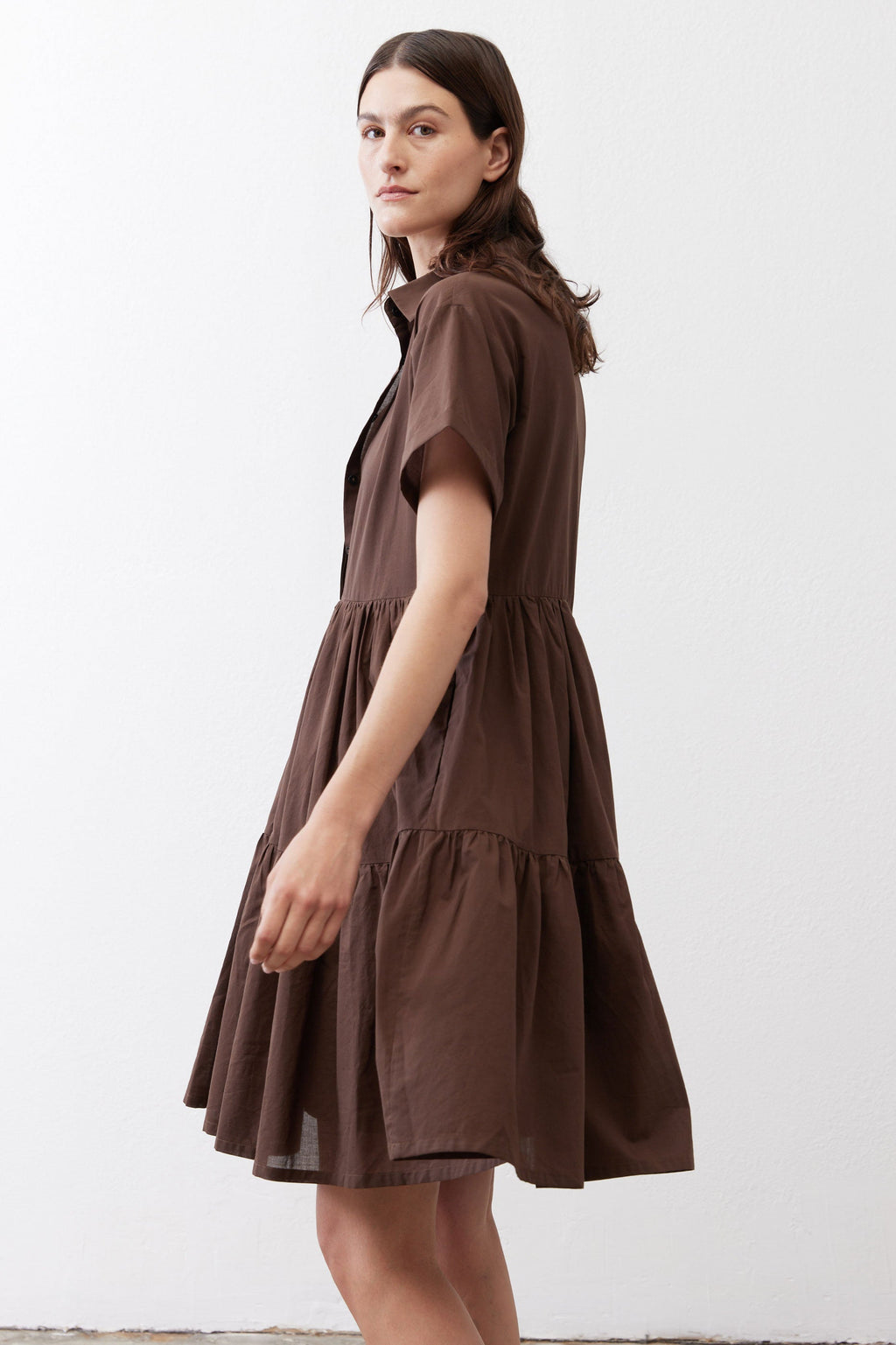 Tiered A-Line Poplin Mini Dress in Milk Chocolate