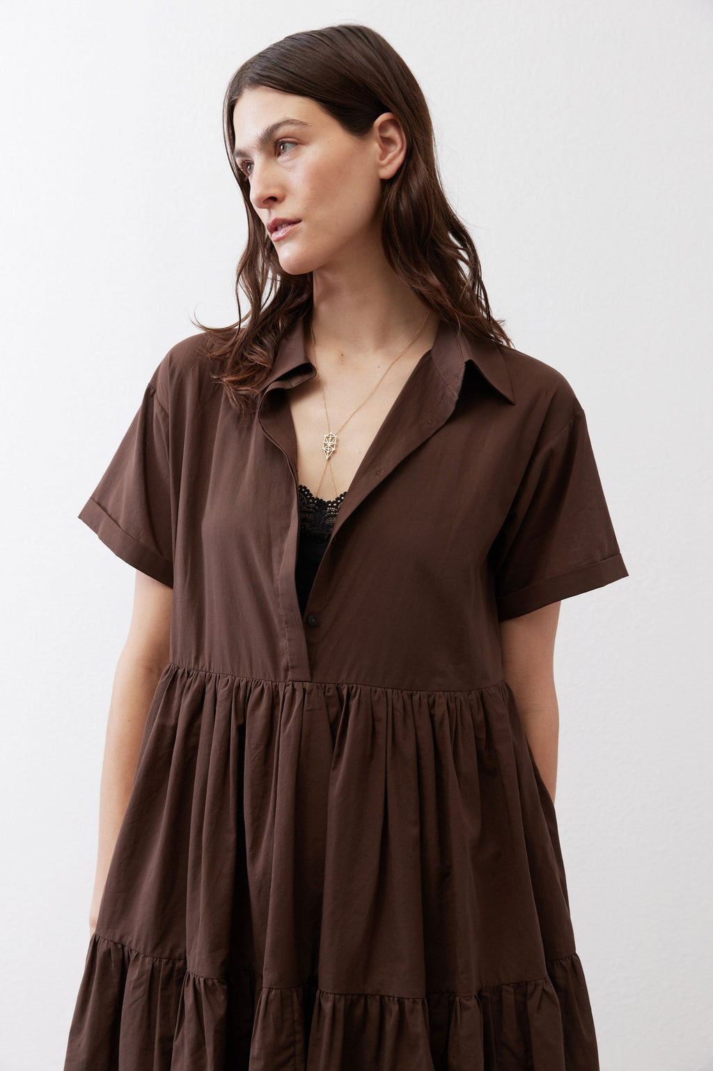 Tiered A-Line Poplin Mini Dress in Milk Chocolate