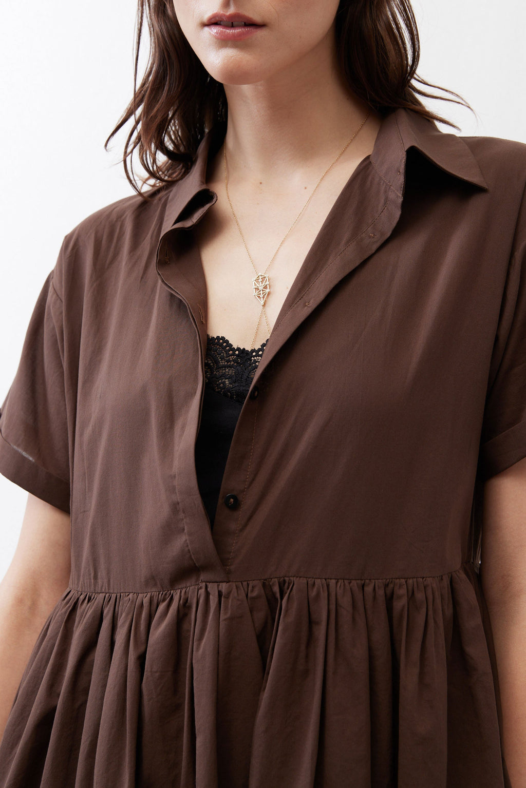 Tiered A-Line Poplin Mini Dress in Milk Chocolate