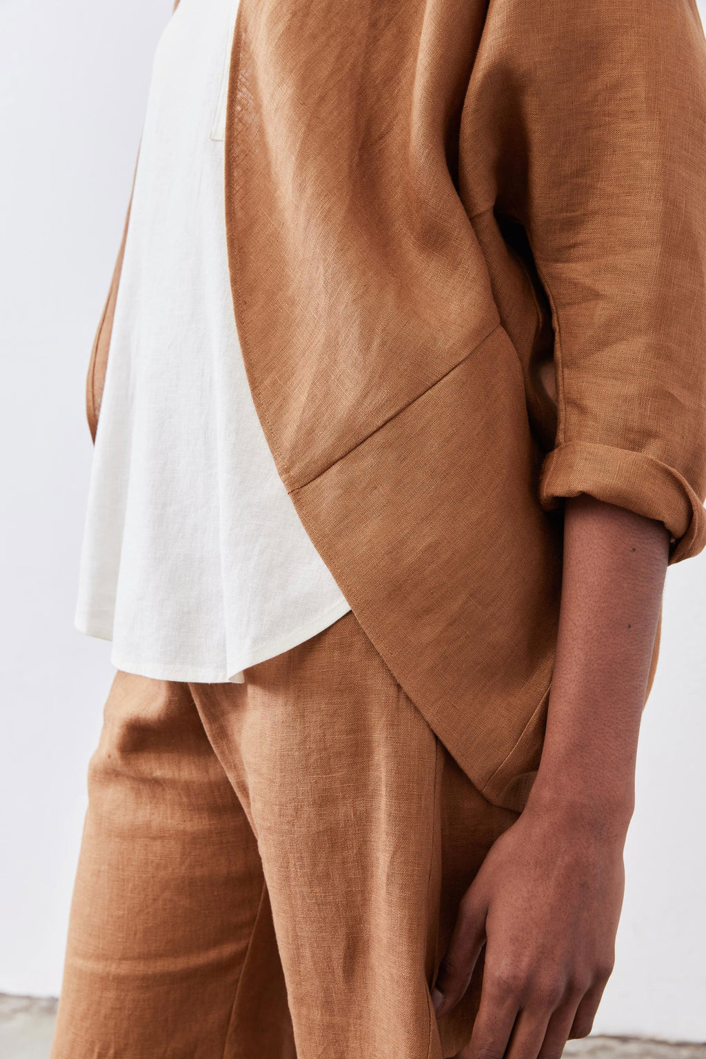 Open-Front Linen Cocoon Cardigan in Caramel