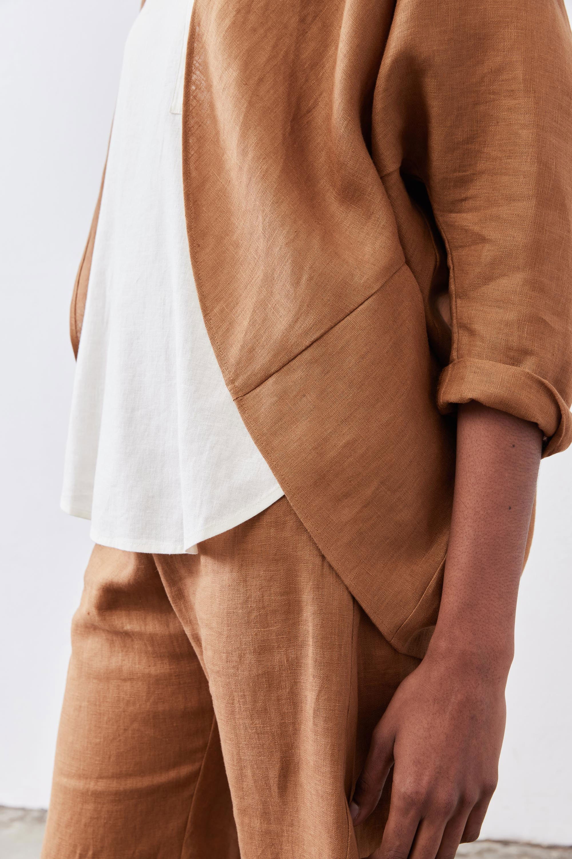Open-Front Linen Cocoon Cardigan in Caramel