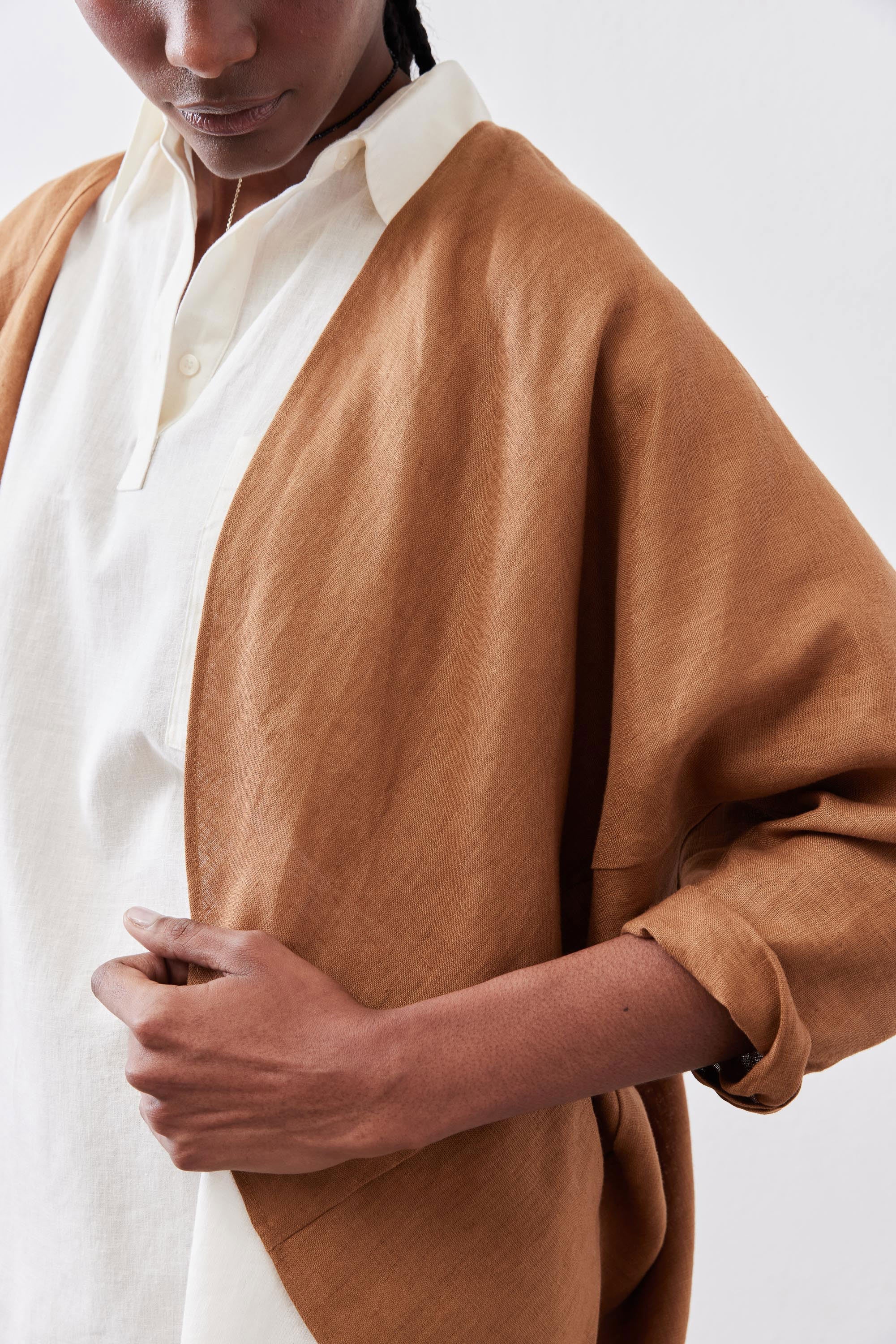 Open-Front Linen Cocoon Cardigan in Caramel