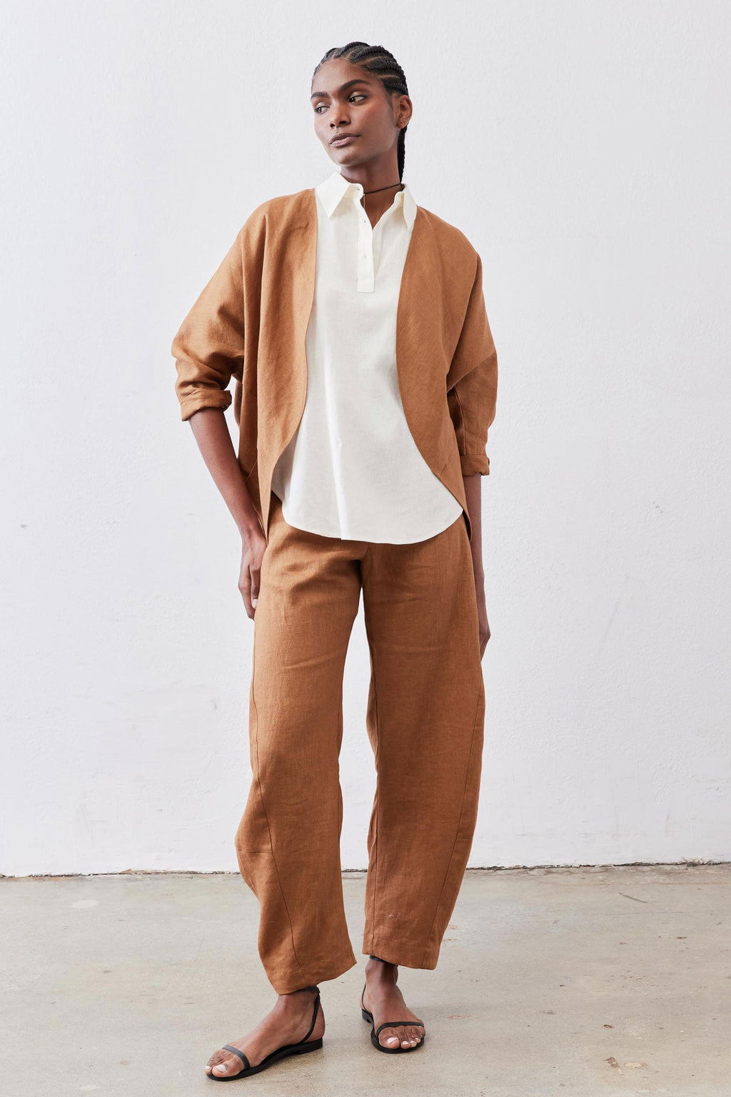 Open-Front Linen Cocoon Cardigan in Caramel