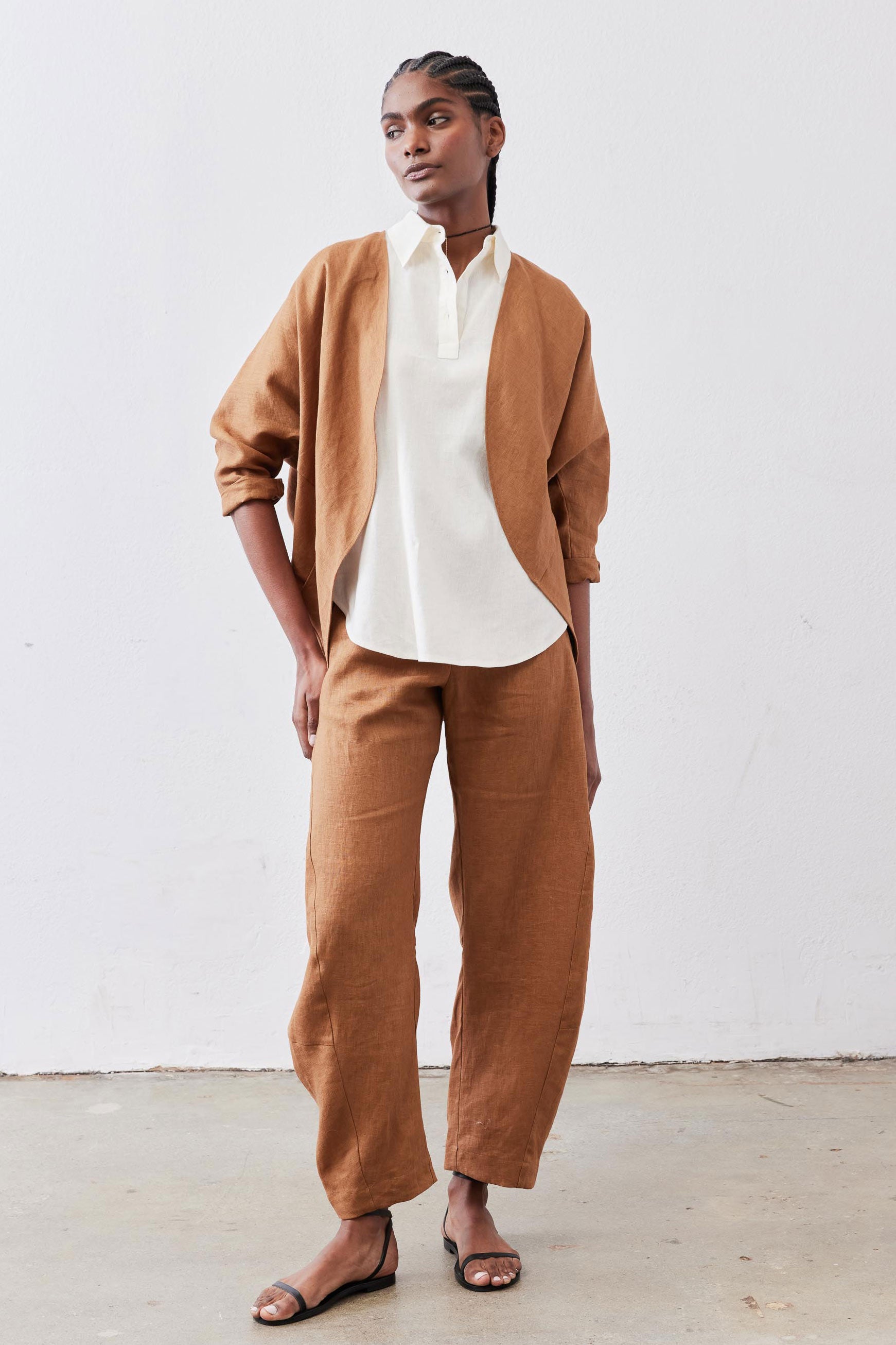 Open-Front Linen Cocoon Cardigan in Caramel