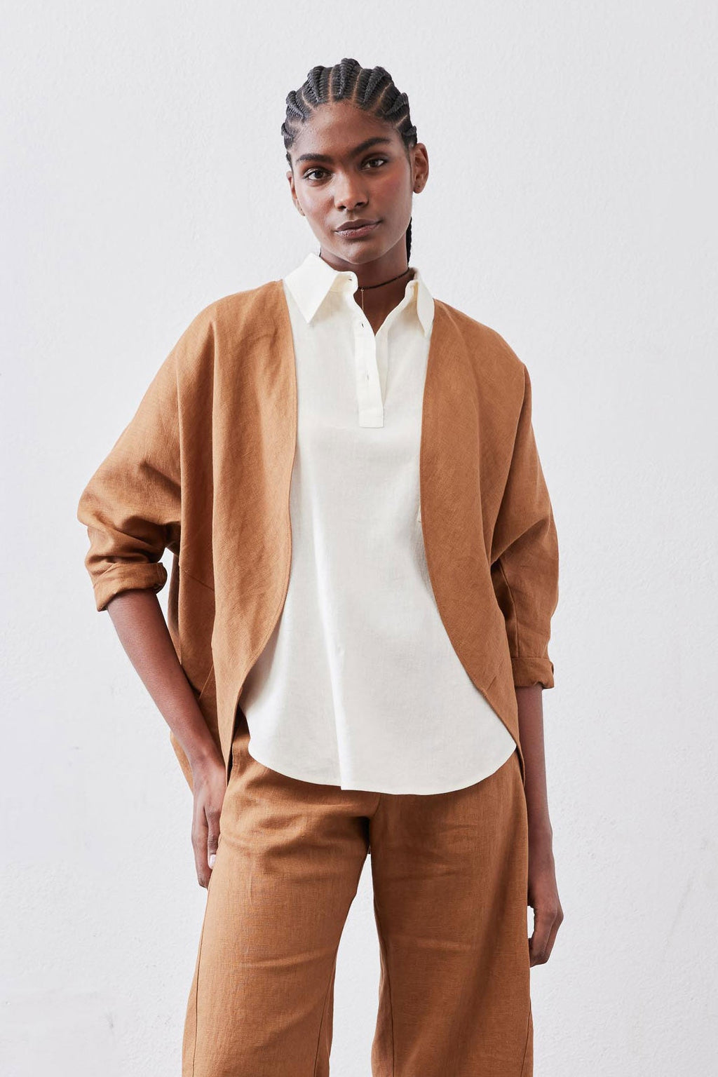 Open-Front Linen Cocoon Cardigan in Caramel