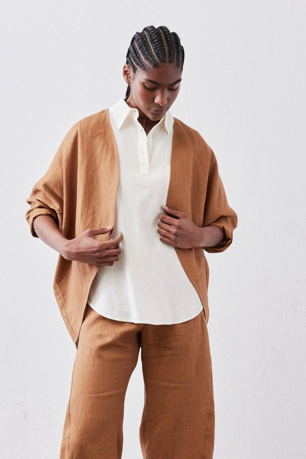 Open-Front Linen Cocoon Cardigan in Caramel