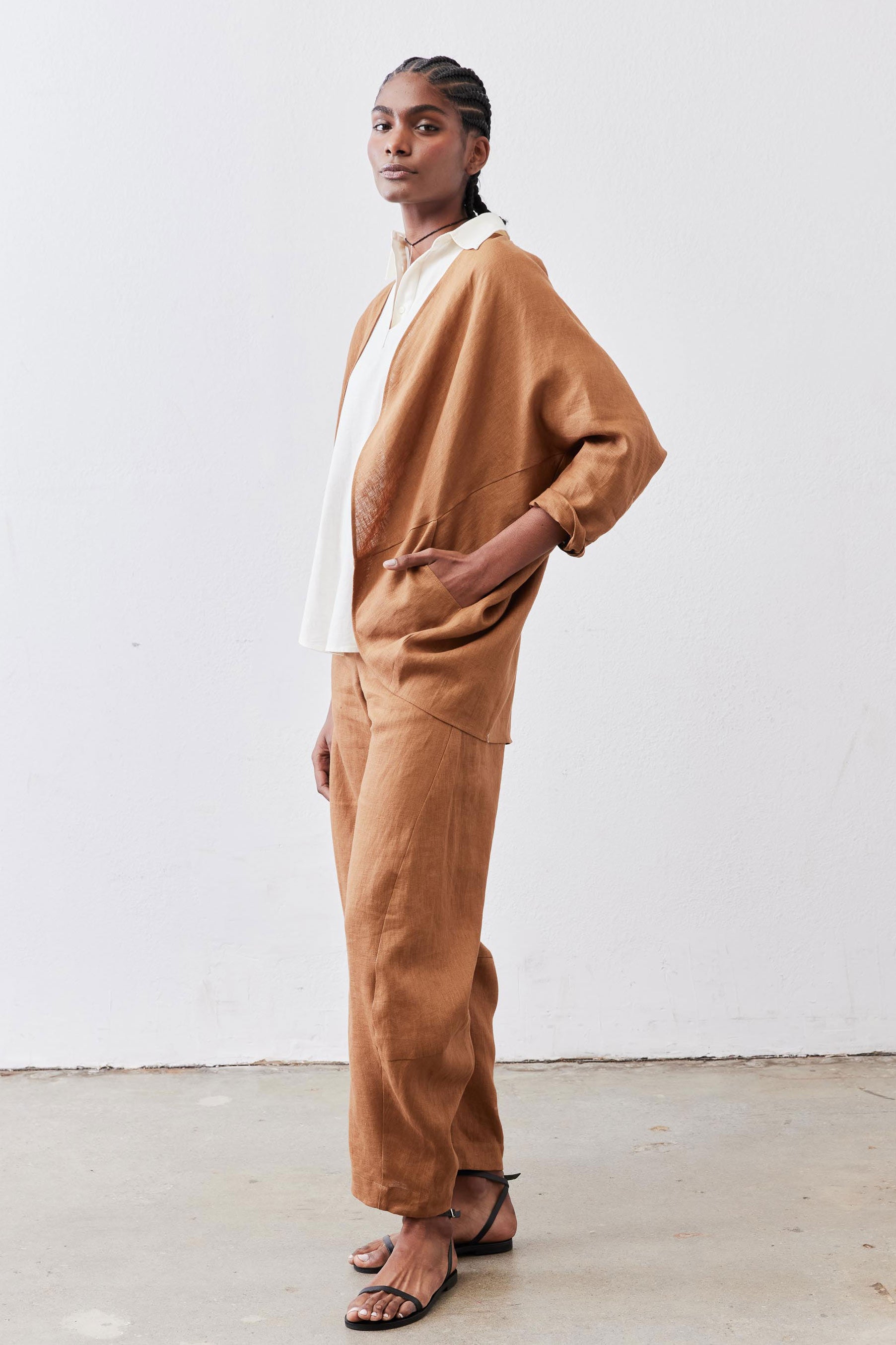 Open-Front Linen Cocoon Cardigan in Caramel