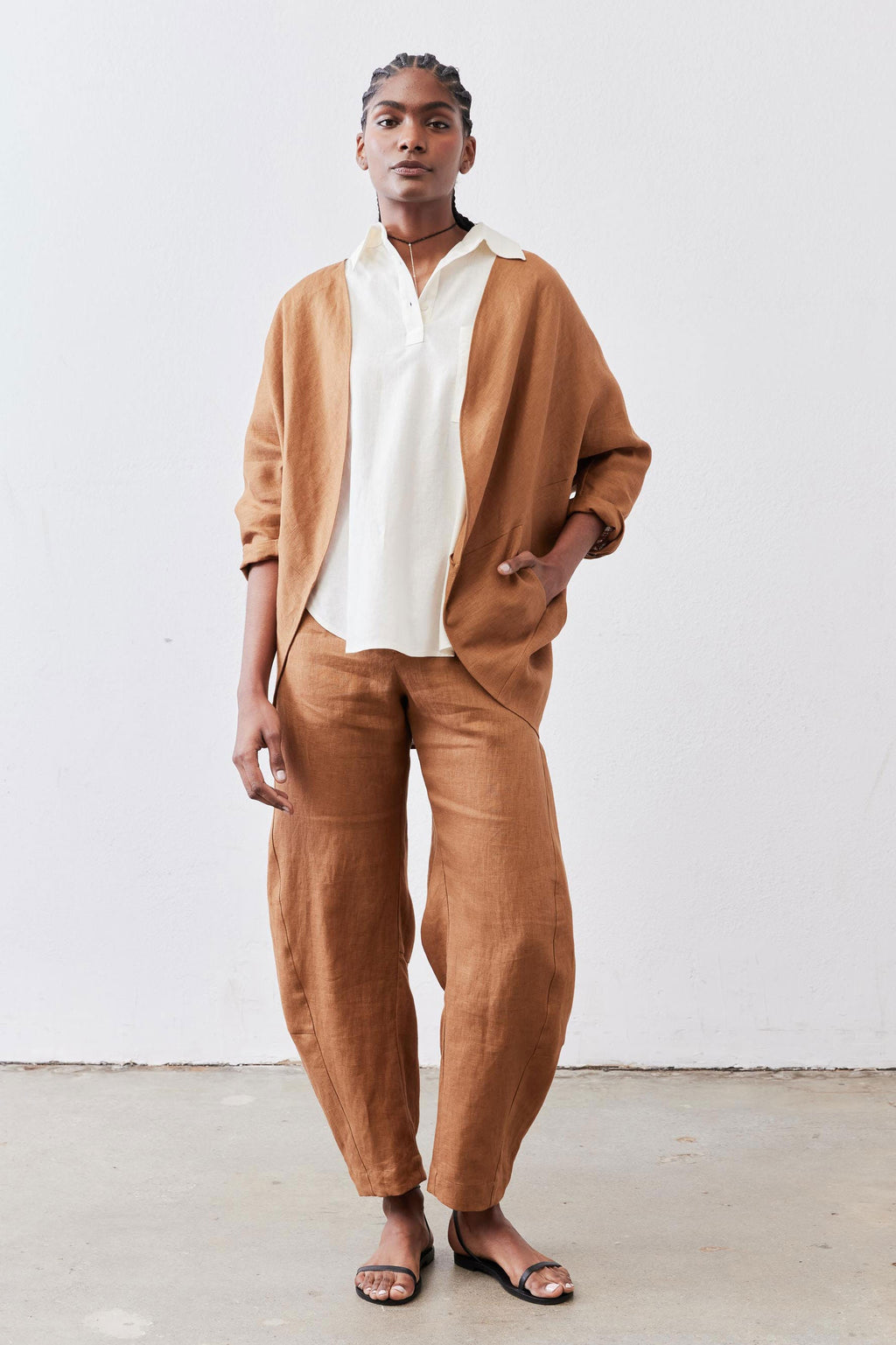 Open-Front Linen Cocoon Cardigan in Caramel