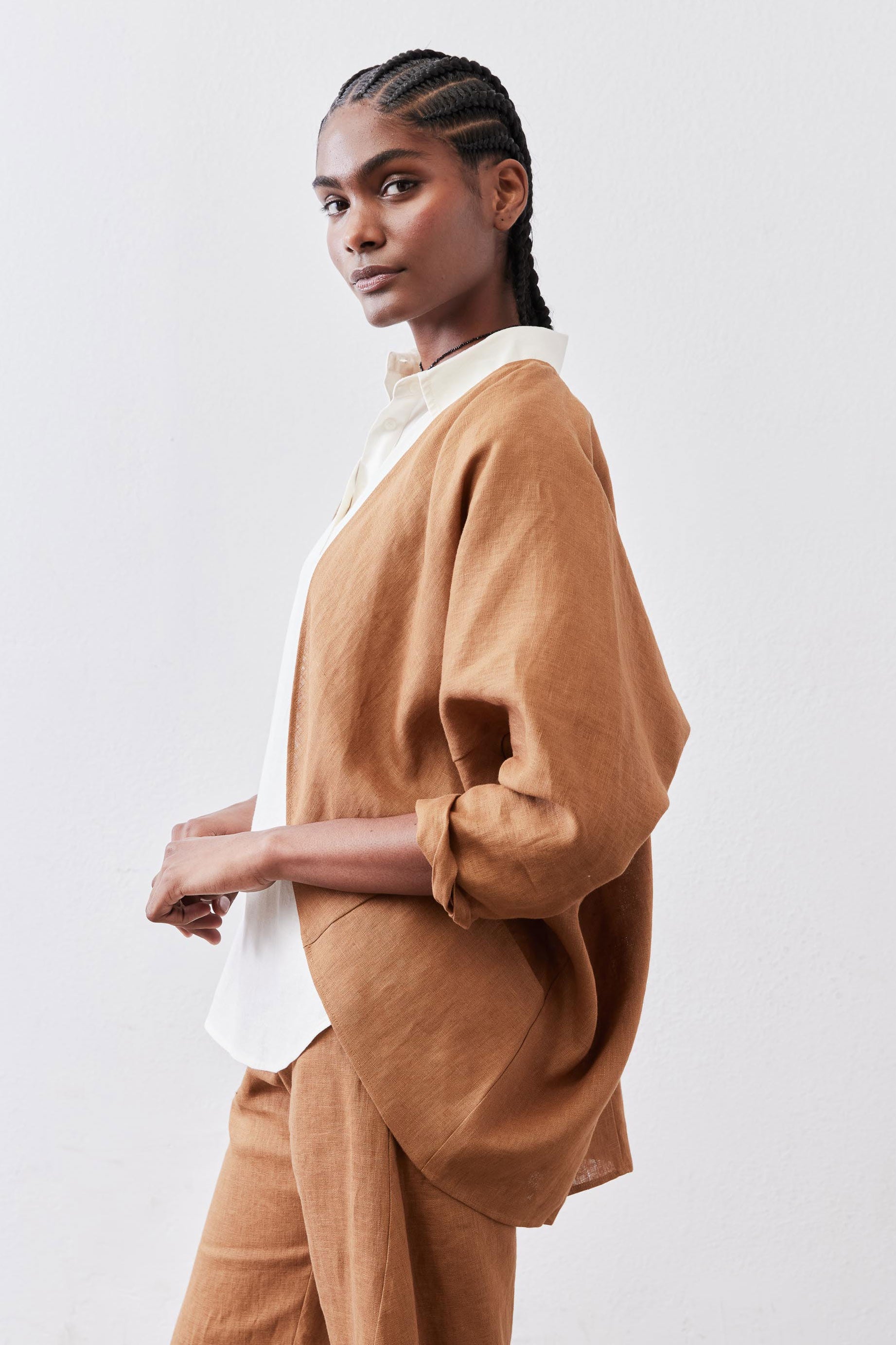 Open-Front Linen Cocoon Cardigan in Caramel