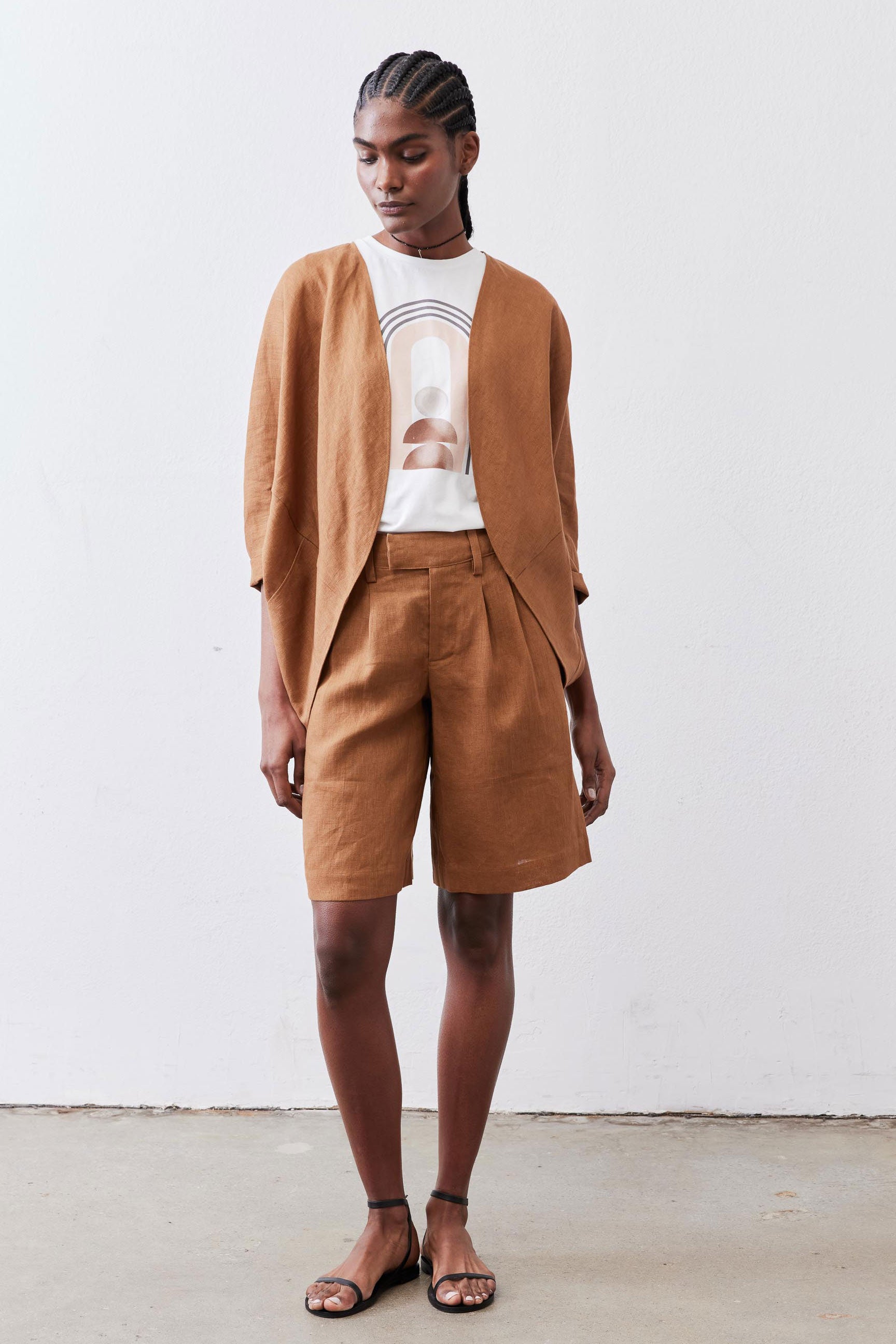 Open-Front Linen Cocoon Cardigan in Caramel